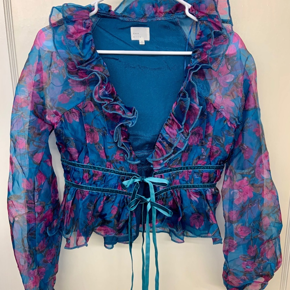 Blue floral sheer ruffle tie front long sleeve top